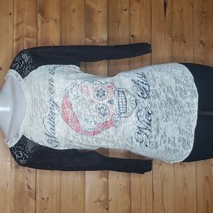 ♥️Day of the Dead(Dia de muertos) Top black crochet 3/4 sleeve rhinestone Size M